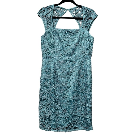 ADRIANNA PAPELL Lace Square Neck Formal Cocktail Blue Dress Size 12 - Picture 2 of 12